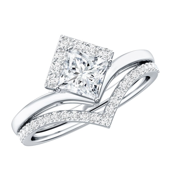 Rosec Jewels Lab Created Diamond Wedding Rings Set of 2 (Ef-Vs Quality) - Square Engagement Ring with Enhancer, 18K White Gold, US 7.50