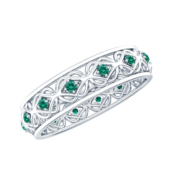 Rosec Jewels Certified Lab Grown Emerald Celtic Wedding Band for Women - AAAA Grade - Vintage Style Emerald Band - with Jewelry Box, 10K White Gold, US 4.50