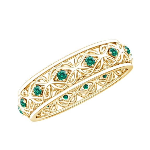 Rosec Jewels Certified Lab Grown Emerald Celtic Wedding Band for Women - AAAA Grade - Vintage Style Emerald Band - with Jewelry Box, 14K Yellow Gold, US 4.50