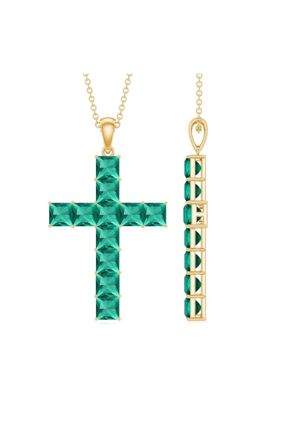 Lab Created Emerald Cross Pendant with Chain - 925 Sterling Silver Emerald Necklace - Ready to Gift