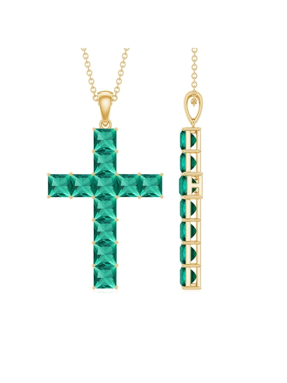 Lab Grown Emerald Cross Pendant with Chain - 925 Sterling Silver Emerald Cross Necklace - Ready to Gift