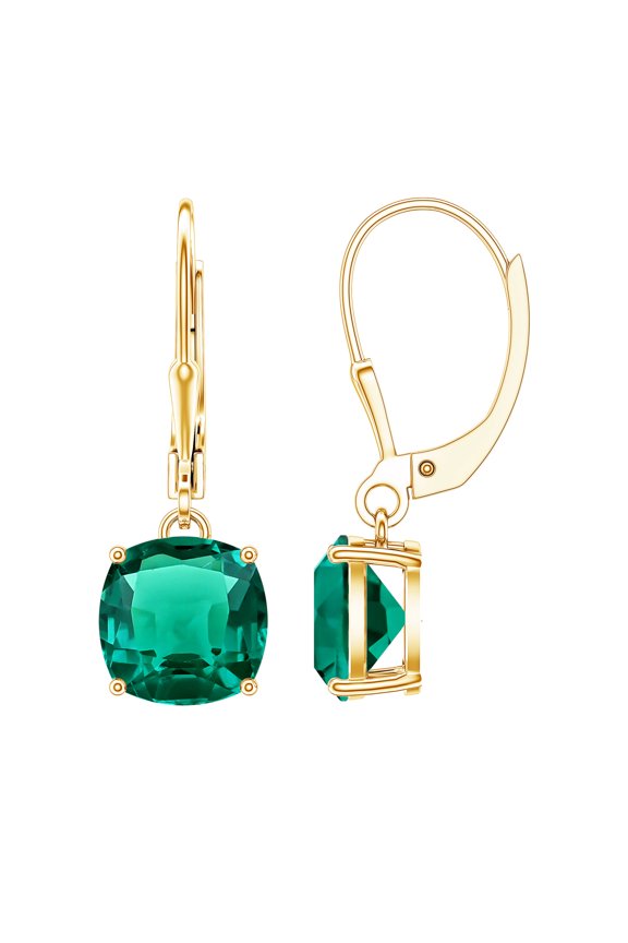 Lab Created Emerald Drop Earrings 4 Carat - Cushion Cut Earrings for Women - AAAA Quality - Jewelry Box Included, 10K Yellow Gold