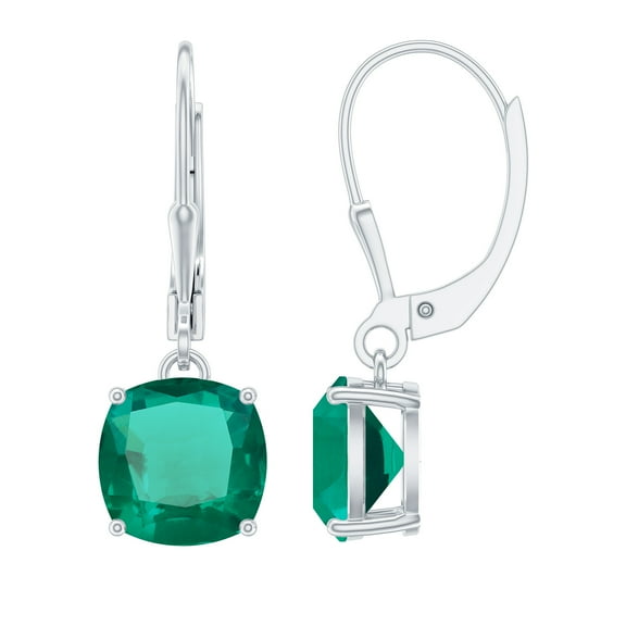 Rosec Jewels Lab Created Emerald Drop Earrings 4 Carat - 8 mm Cushion Cut Earrings - Lever Back Closure, 14K White Gold