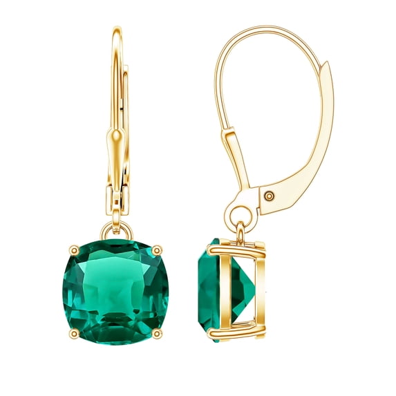 Rosec Jewels Lab Created Emerald Drop Earrings 4 Carat - 8 mm Cushion Cut Earrings - Lever Back Closure, 18K Yellow Gold
