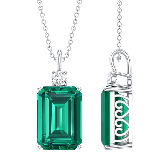 Rosec Jewels Lab Grown Emerald Pendant Necklace with Diamond (8 Carat Emerald Cut, AAAA Grade) - with Chain - Ready to Gift, 14K White Gold