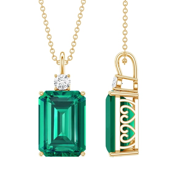 Rosec Jewels Lab Grown Emerald Pendant Necklace with Diamond (8 Carat Emerald Cut, AAAA Grade) - with Chain - Ready to Gift, 14K Yellow Gold