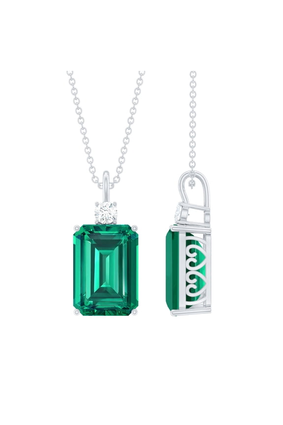 Lab Created Emerald Solitaire Pendant Necklace with Moissanite - 10X14 mm, 925 Sterling Silver