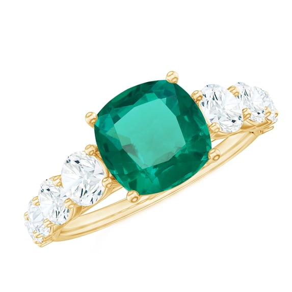 Rosec Jewels Lab Created Emerald Solitaire Ring with Moissanite Side Stones for Women - 8 mm, 10K Yellow Gold, US 6.00