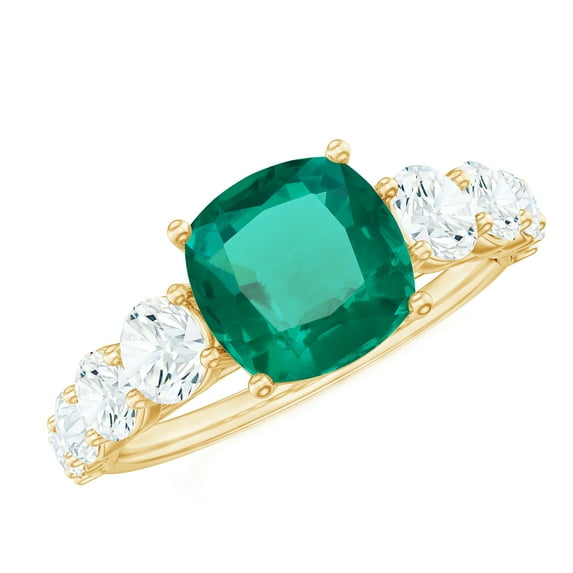 Rosec Jewels Lab Created Emerald Solitaire Ring with Moissanite Side Stones for Women - 8 mm, 14K Yellow Gold, US 6.00
