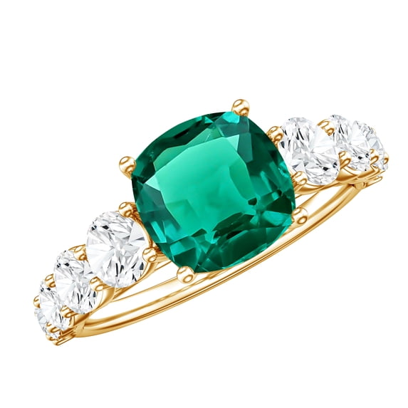 Rosec Jewels Lab Created Emerald Engagement Ring for Women - 2 Carat - AAAA Quality Cushion Cut Emerald Ring with Moissanite, 18K Yellow Gold, US 8.50