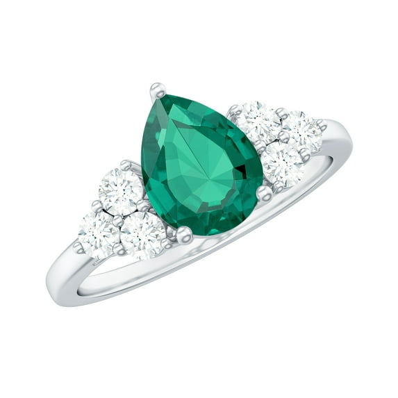Rosec Jewels Lab Created Emerald Teardrop Engagement Ring with Diamond (6X8 mm, AAAA Quality Emerald), 18K White Gold, US 11.00