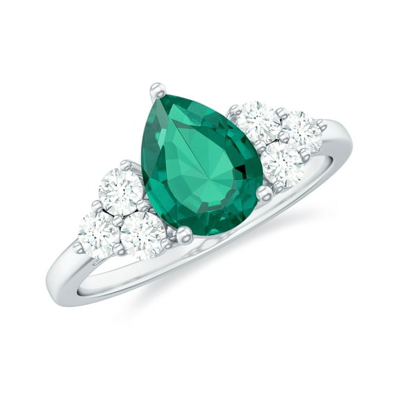 Rosec Jewels Lab Created Emerald Teardrop Engagement Ring with Diamond (6X8 mm, AAAA Quality Emerald), 925 Sterling Silver, US 4.00