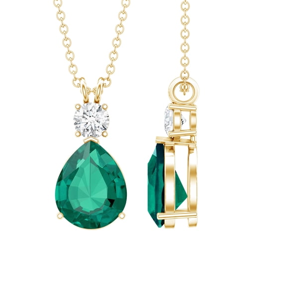 Rosec Jewels Lab Grown Emerald Teardrop Pendant Necklace - 8X10 mm - AAAA Grade - Emerald Moissanite Necklace - with Jewelry Box, 10K Yellow Gold