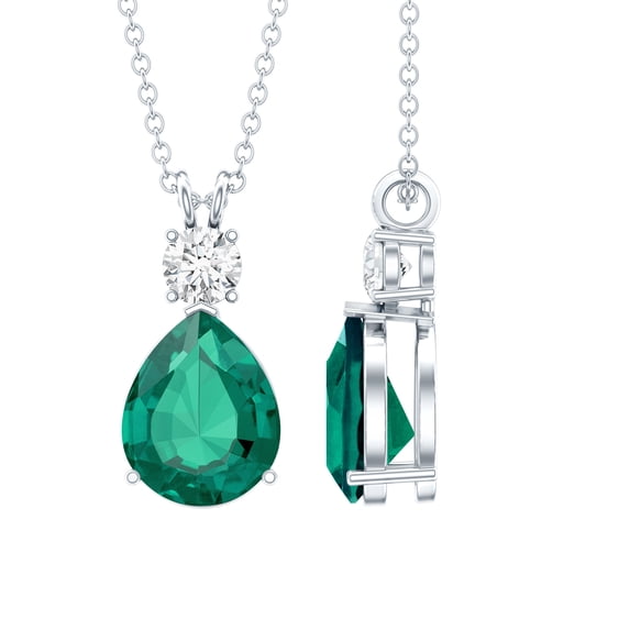 Rosec Jewels Lab Grown Emerald Teardrop Pendant Necklace - 8X10 mm - AAAA Grade - Emerald Moissanite Necklace - with Jewelry Box, 14K White Gold