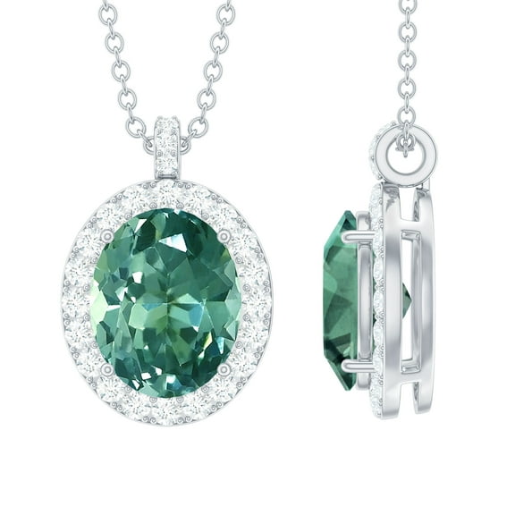 Rosec Jewels Lab Created Green Sapphire Pendant with Diamond Halo for Women - AAAA Grade, 925 Sterling Silver