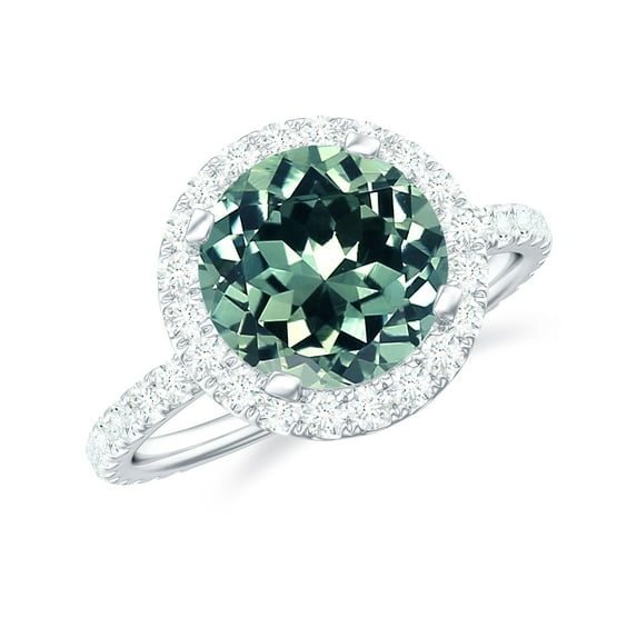 Rosec Jewels Lab Created Green Sapphire Ring with Moissanite Halo for Women (AAAA Quality), 14K White Gold, US 11.00