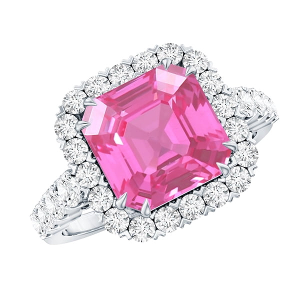 Rosec Jewels Lab Created Pink Sapphire Halo Engagement Ring with Moissanite 925 Silver (9 mm Asscher Cut, AAAA Quality) - Ready to Gift, US 6.00