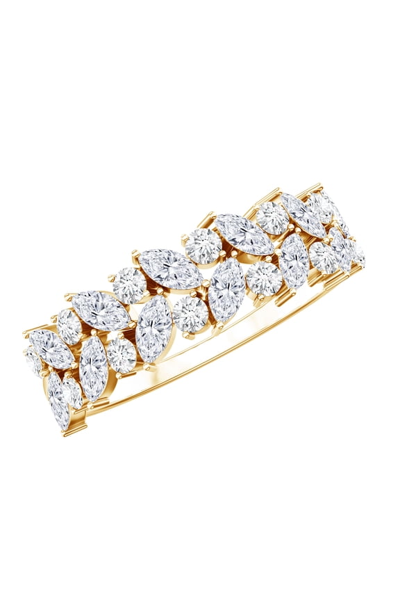 Lab Diamond Anniversary Band Ring - Leaf Inspired Half Eternity Ring - Ef-Vs Quality - with Jewelry Box, 14K Yellow Gold, US 7.00