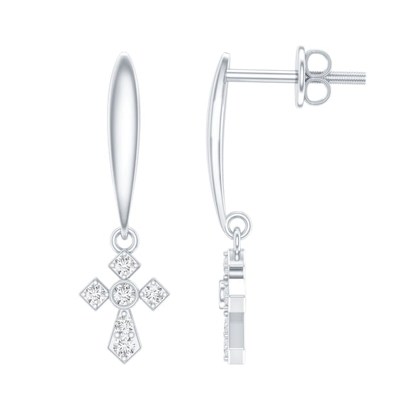 Rosec Jewels - Lab Diamond Cross Drop Earrings with Screw Back - Christian Faith Earrings for Women - EF-VS Quality, 925 Sterling Silver