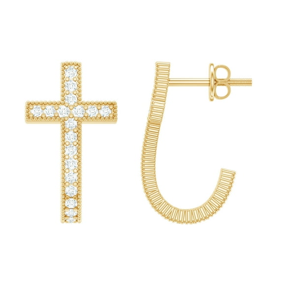 Rosec Jewels Lab Diamond Cross Earrings - Vintage Inspired J Hoop Earrings with Screw Back - EF-VS Grade, 14K Yellow Gold