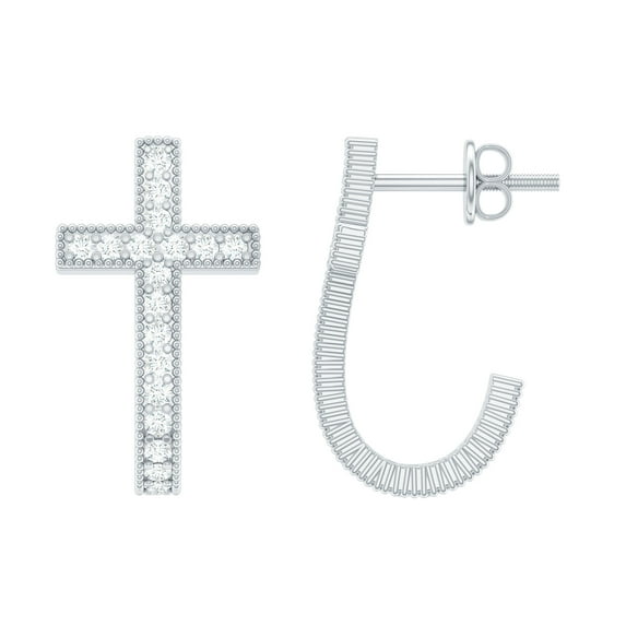 Rosec Jewels Lab Diamond Cross Earrings - Vintage Inspired J Hoop Earrings with Screw Back - EF-VS Grade, 925 Sterling Silver