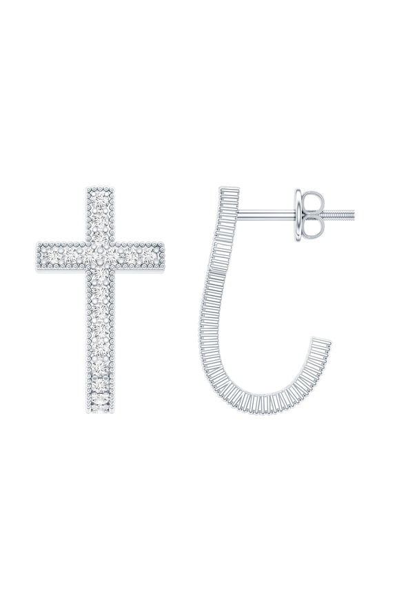 Lab Diamond Cross Earrings - Vintage Inspired J Hoop Earrings with Screw Back - EF-VS Grade, 925 Sterling Silver