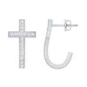 Rosec Jewels Lab Diamond Cross Earrings - Vintage Inspired J Hoop Earrings with Screw Back - EF-VS Grade, 925 Sterling Silver