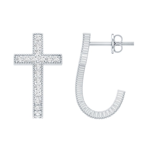 Rosec Jewels Lab Diamond Cross Earrings - Vintage Inspired J Hoop Earrings with Screw Back - EF-VS Grade, 925 Sterling Silver