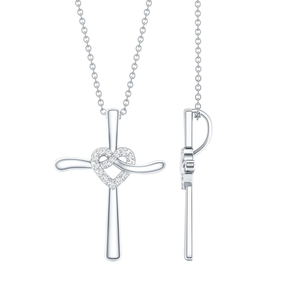 Rosec Jewels Lab Grown Diamond Cross Necklace with Knot Heart (Ef-Vs Quality) - Ready to Gift Cross Pendant for Christmas, 925 Sterling Silver