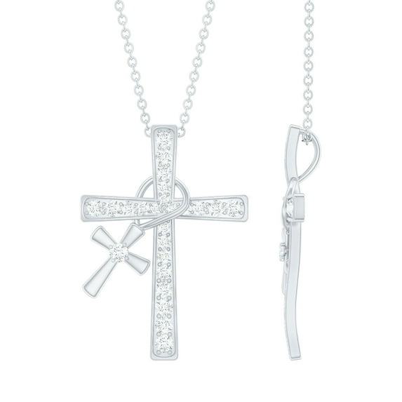 Rosec Jewels Lab Created Diamond Cross Necklace with Charm - Ef-Vs Quality Diamond Double Cross Pendant Chain - with Jewelry Box, 10K White Gold