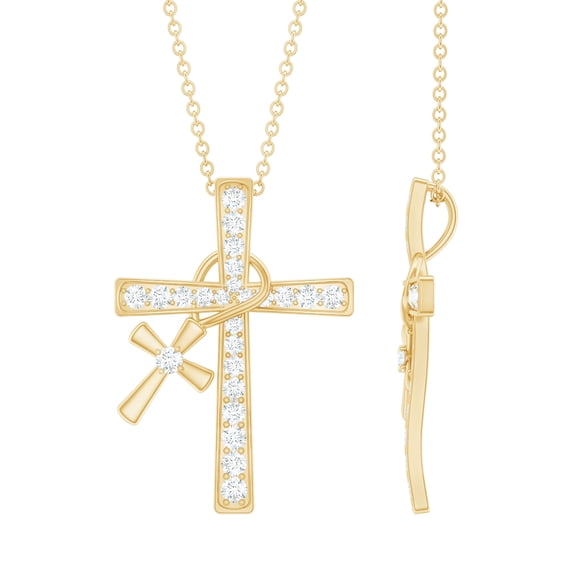 Rosec Jewels Lab Created Diamond Cross Necklace with Charm - Ef-Vs Quality Diamond Double Cross Pendant Chain - with Jewelry Box, 18K Yellow Gold
