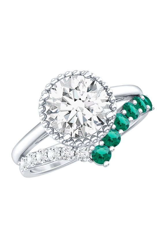 Lab Diamond Engagement Ring Set with Lab Emerald Wedding Band - Authentically Certified, 18K White Gold, US 4.00