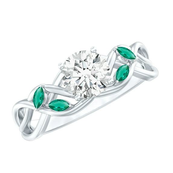 Rosec Jewels Lab Diamond Engagement Ring with Emerald - 6 mm - Criss Cross Ring (EF-VS Quality), 14K White Gold, US 12.00