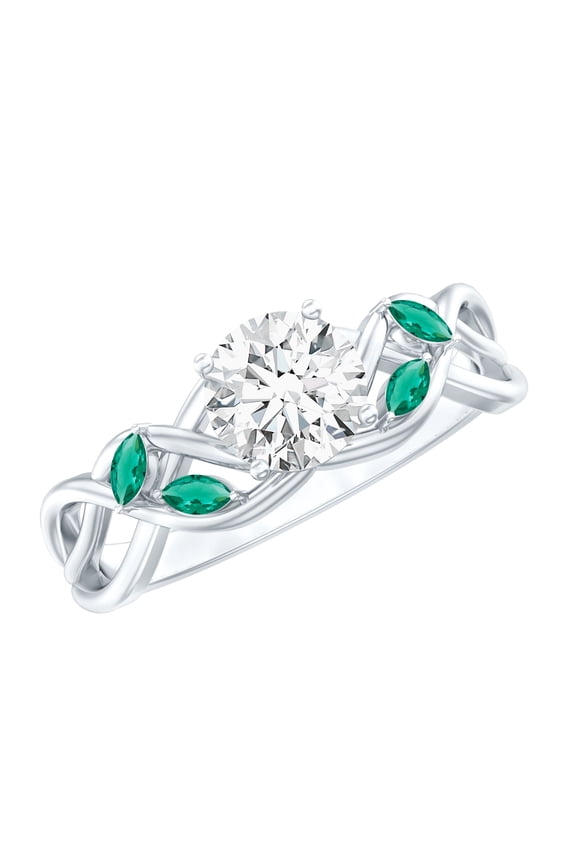 Lab Diamond Engagement Ring with Emerald - 6 mm - Criss Cross Ring (EF-VS Quality), 925 Sterling Silver, US 7.00