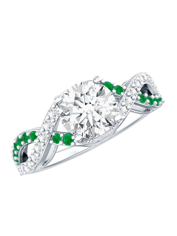 Lab Grown Diamond Engagement Ring 1 Carat - EF-VS Grade Certified- Designer Diamond Ring with Real Emerald, 925 Sterling Silver, US 5.50