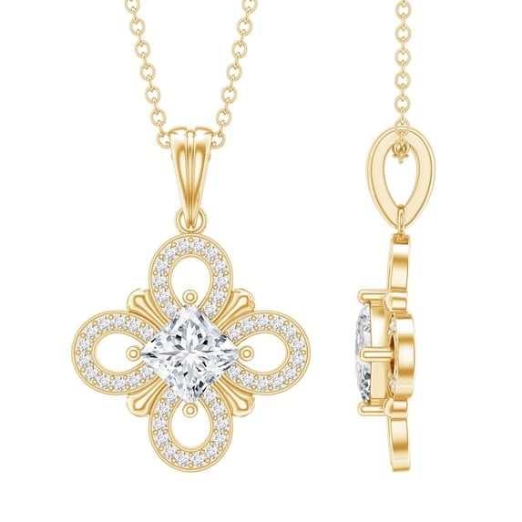 Rosec Jewels Lab Diamond Floral Pendant Necklace - Vintage Inspired Wedding Necklace (EF-VS Grade), 10K Yellow Gold
