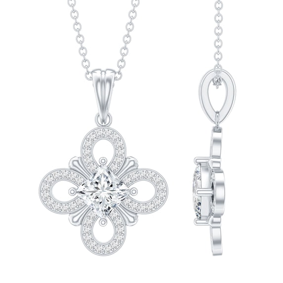 Rosec Jewels Lab Diamond Floral Pendant Necklace - Vintage Inspired Wedding Necklace (EF-VS Grade), 14K White Gold