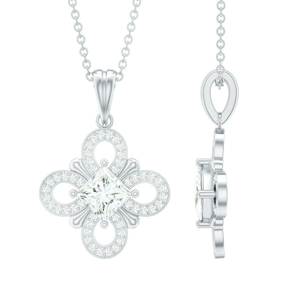 Rosec Jewels Lab Diamond Floral Pendant Necklace - Vintage Inspired Wedding Necklace (EF-VS Grade), 925 Sterling Silver