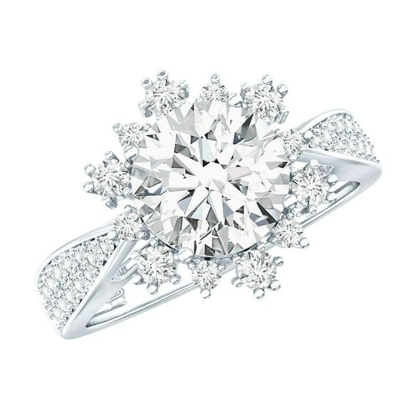 Rosec Jewels Lab Diamond Engagement Ring Women (2 Carat, 8 mm - EF-VS Grade) - Floral Statement Ring with Jewelry Box, 14K White Gold, US 8.00