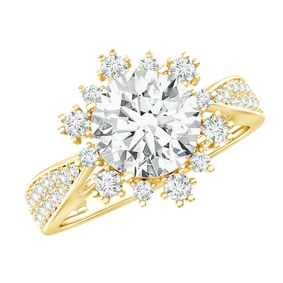 Rosec Jewels Lab Diamond Engagement Ring Women (2 Carat, 8 mm - EF-VS Grade) - Floral Statement Ring with Jewelry Box, 14K Yellow Gold, US 7.00