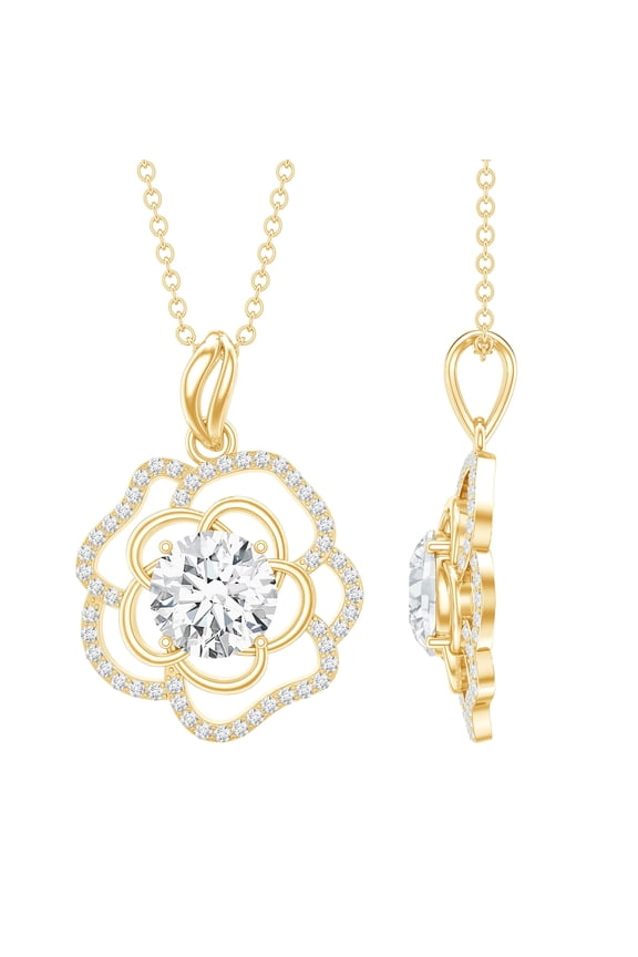 Lab Diamond Flower Pendant Necklace - 2 Ct - Statement Necklace (EF-VS Grade), 14K Yellow Gold