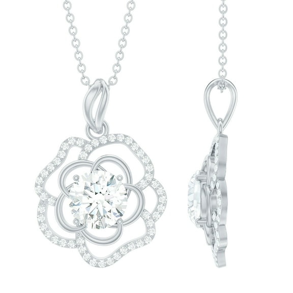 Rosec Jewels Lab Diamond Flower Pendant Necklace - 8 mm Round - 2 Ct - Statement Necklace (EF-VS Grade), 925 Sterling Silver