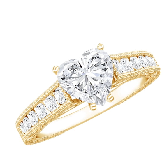 Rosec Jewels Lab Diamond Heart Engagement Ring with Side Stones - Vintage Style 1 Ct Diamond Ring (7 mm, Ef-Vs Grade), 14K Yellow Gold, US 10.00
