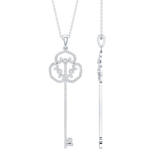 Rosec Jewels Lab Diamond Key Pendant with Chain (EF-VS Quality) - Long Vintage Necklace - Anniversary Gift, 10K White Gold