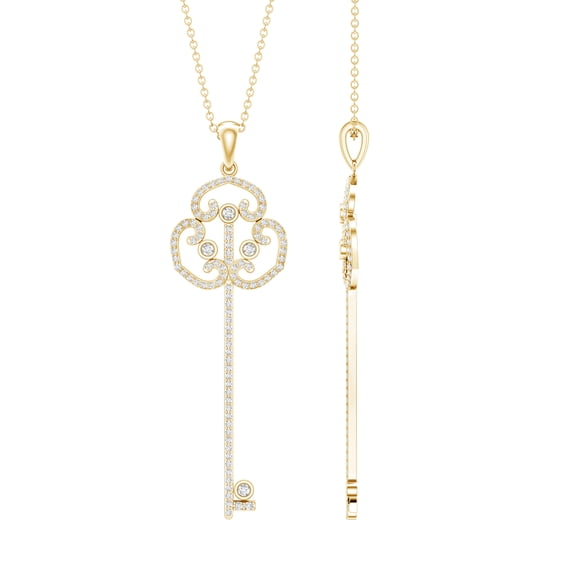 Rosec Jewels Lab Diamond Key Pendant with Chain (EF-VS Quality) - Long Vintage Necklace - Anniversary Gift, 18K Yellow Gold