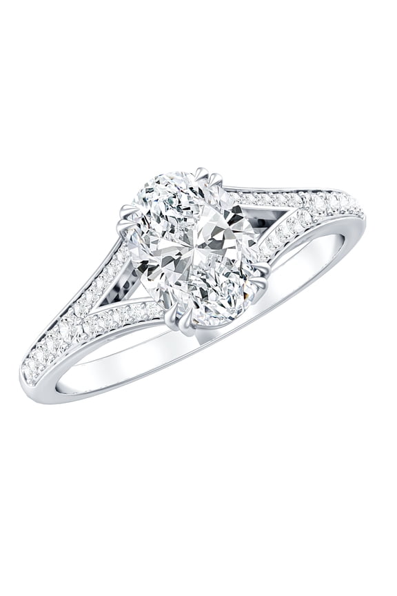 - Lab Diamond Oval Engagement Ring 1 Ct - Split Shank Ring - EF-VS Quality, 14K White Gold, US 7.00