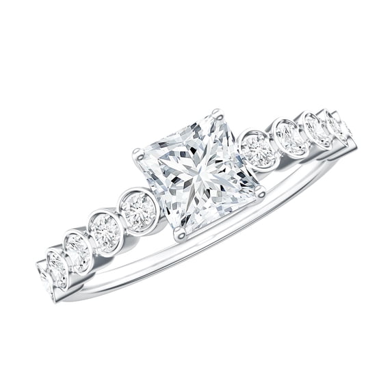 Rosec Jewels Lab Diamond Princess Cut Engagement Ring with Side Stones - with Jewelry Box, 10K White Gold, US 8.50