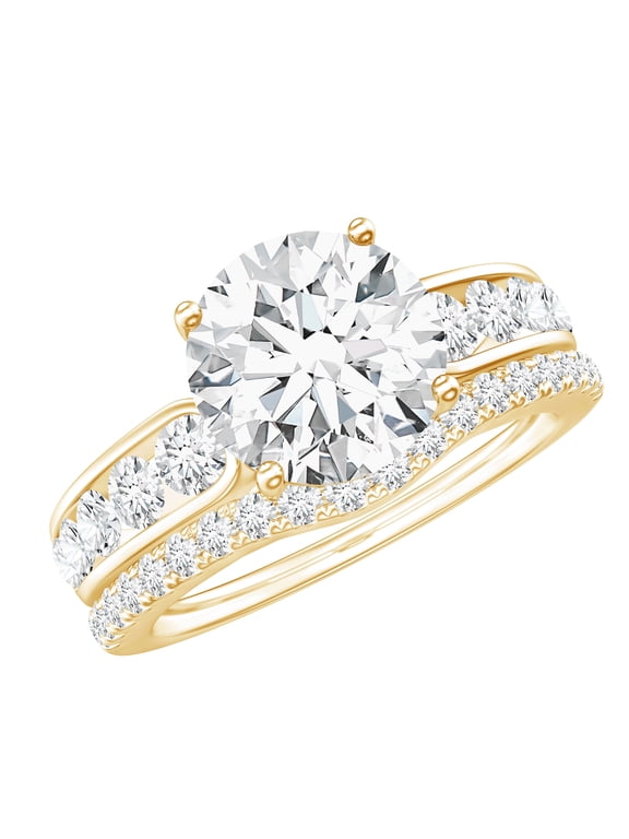 Lab Grown Diamond Bridal Ring Set (EF-VS Quality Certified) - 2 Carat Round Diamond Engagement Ring with Wedding Band, 10K Yellow Gold, US 7.50