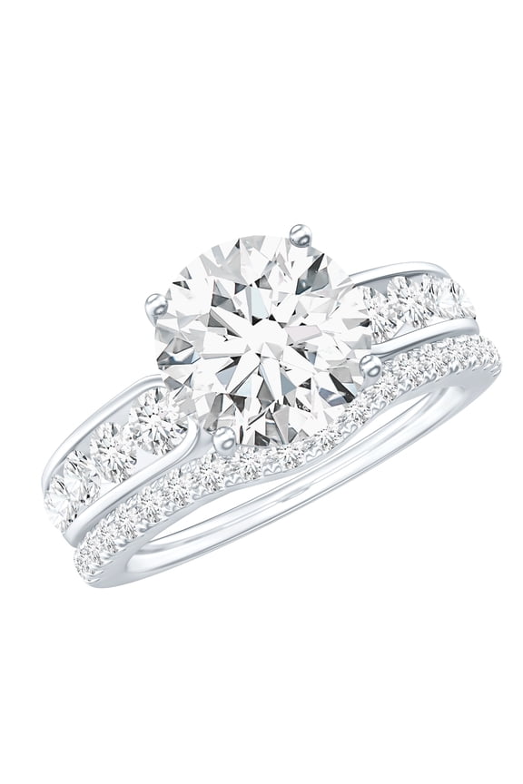 Lab Diamond Wedding Ring Set (2 Carat, 8 mm Round, EF-VS Quality Certified), 18K White Gold, US 6.00
