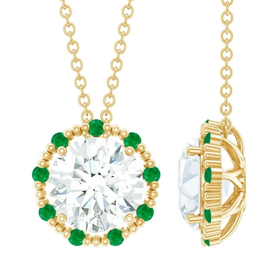 Rosec Jewels Lab Grow Diamond Pendant with Chain - Vintage Inspired Diamond Emerald Necklace - EF-VS Grade, 10K Yellow Gold
